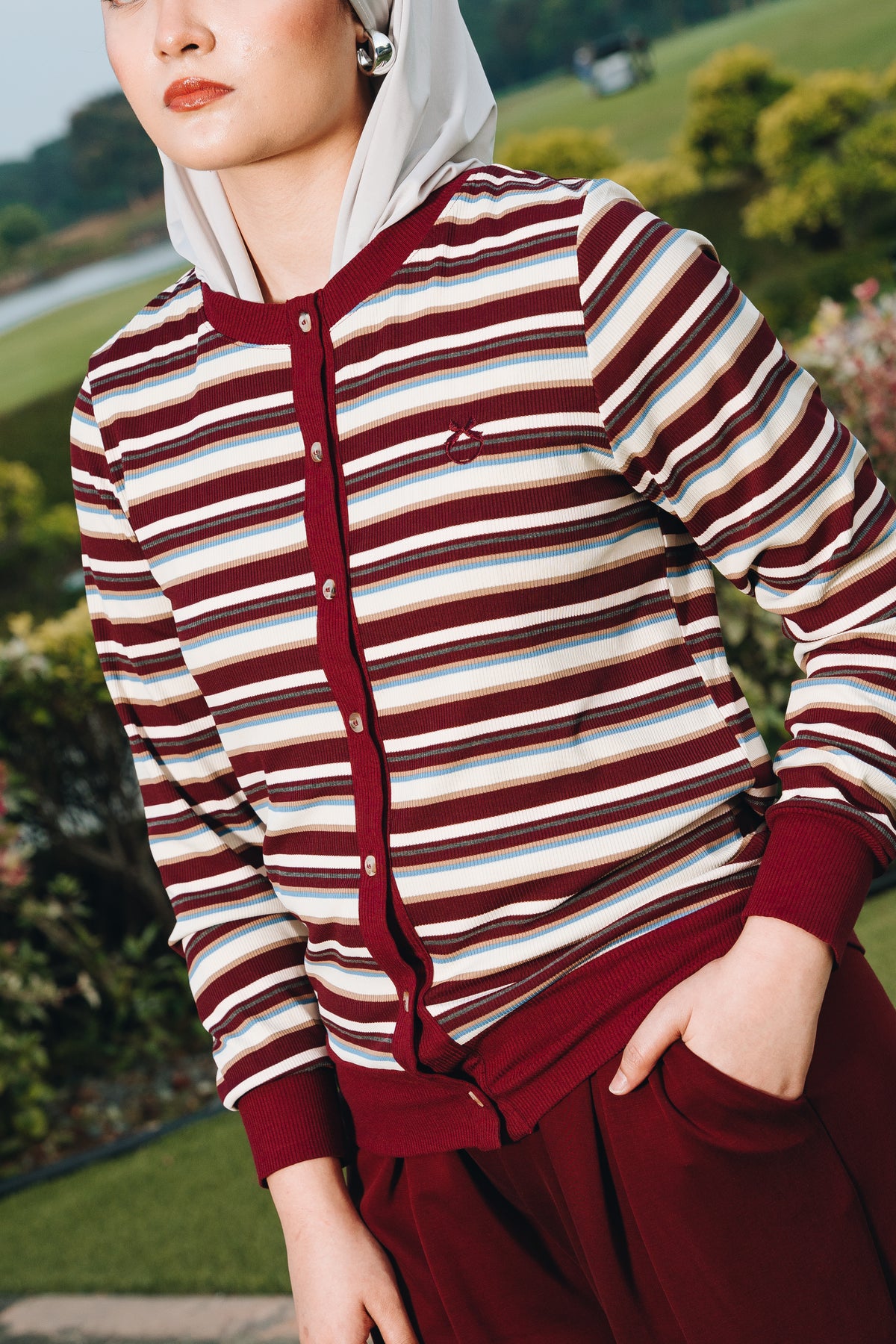 Maroon Fitted Stripe Cardigan in Tencel Ribbed