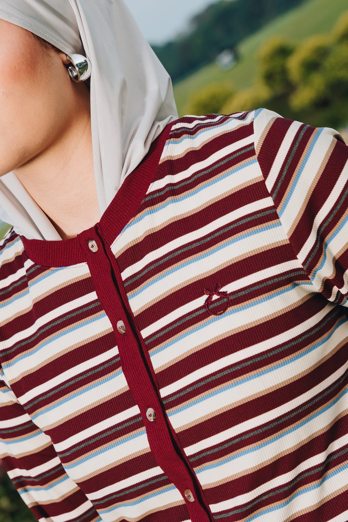 Maroon Fitted Stripe Cardigan in Tencel Ribbed