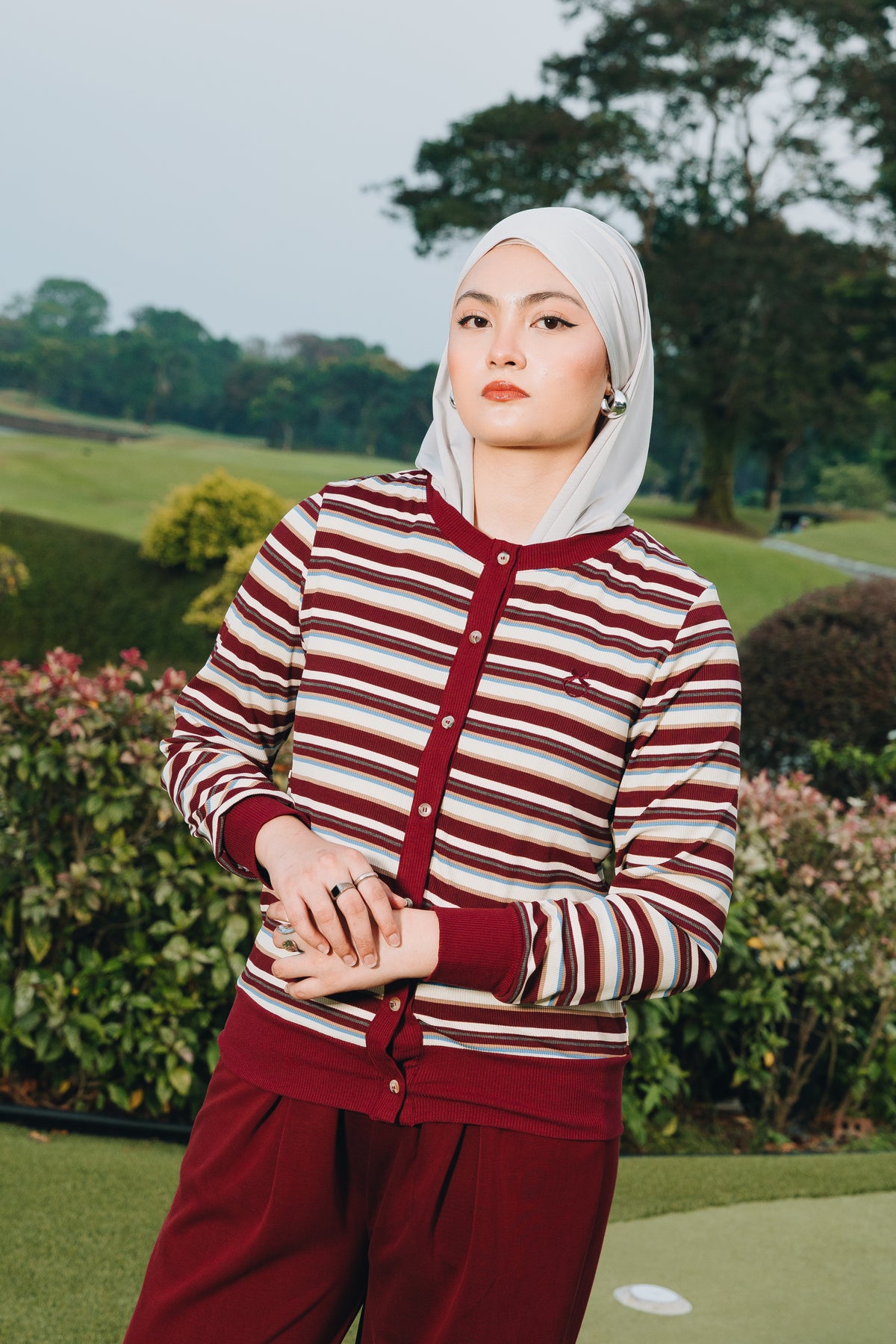 Maroon Fitted Stripe Cardigan in Tencel Ribbed