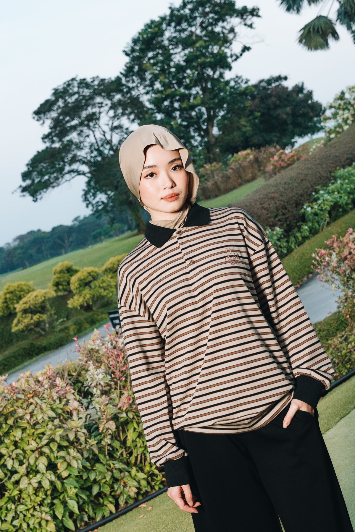 Coffee Stripe Polo Jumper in Tencel Ribbed