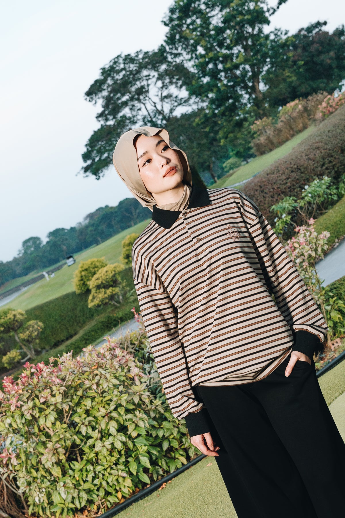 Coffee Stripe Polo Jumper in Tencel Ribbed