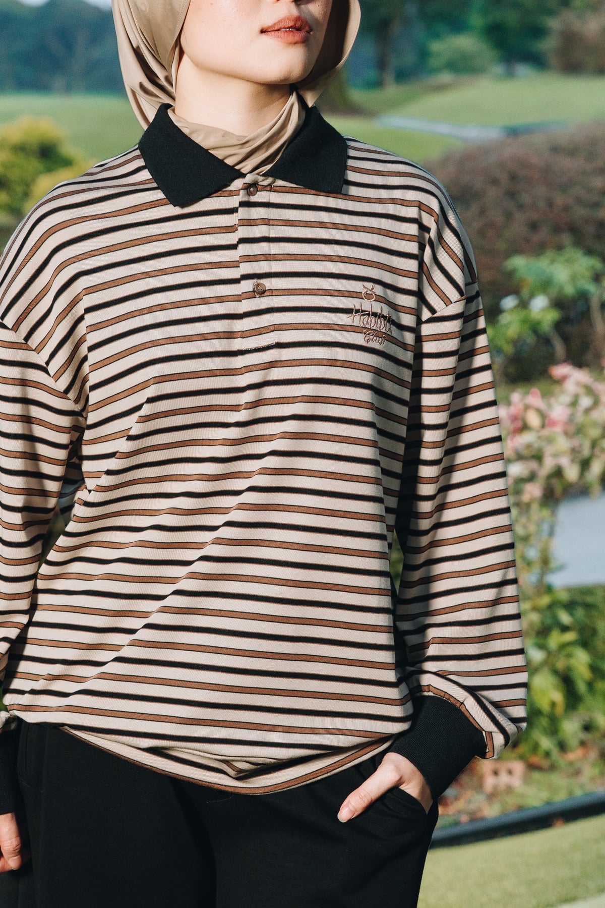 Coffee Stripe Polo Jumper in Tencel Ribbed