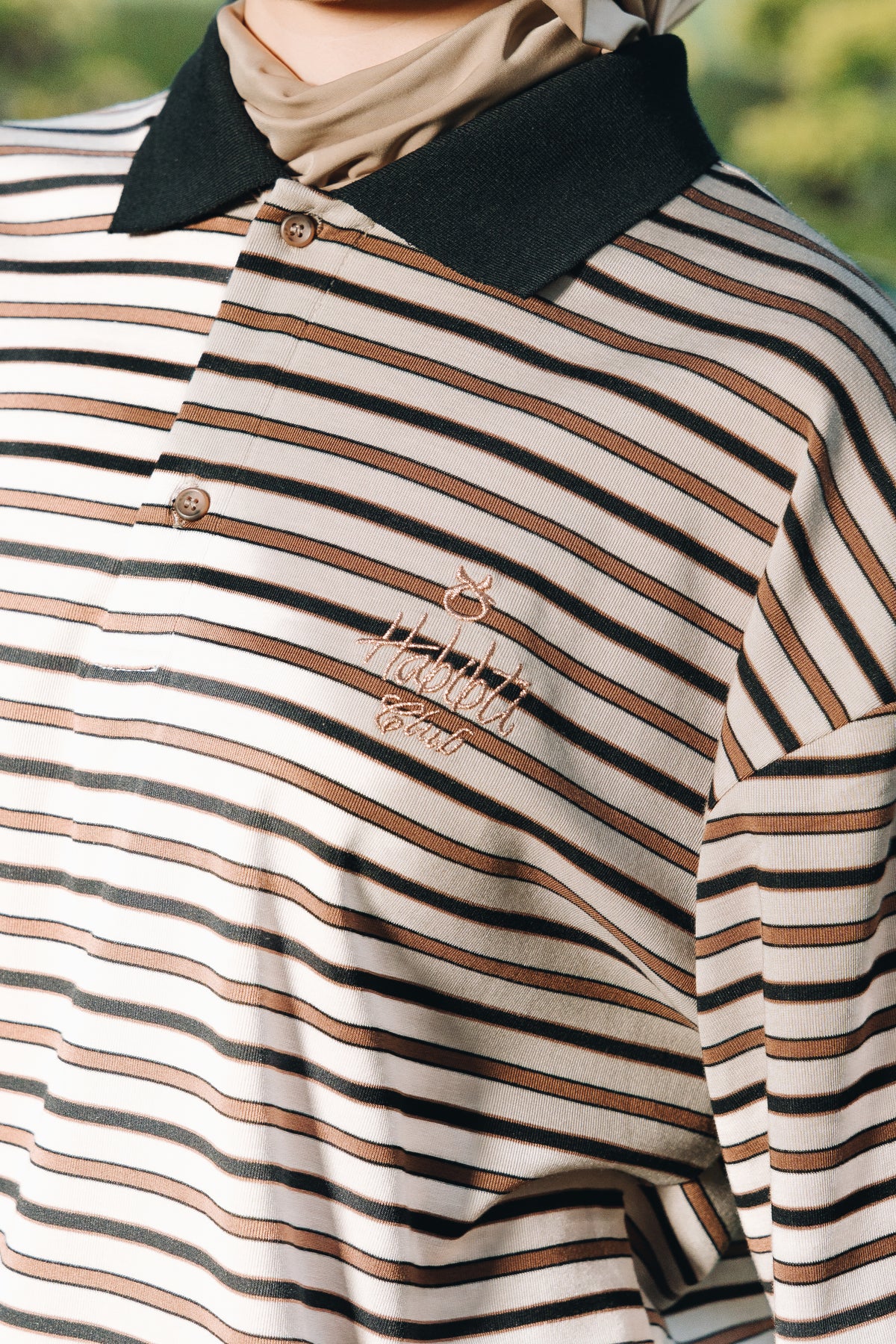 Coffee Stripe Polo Jumper in Tencel Ribbed