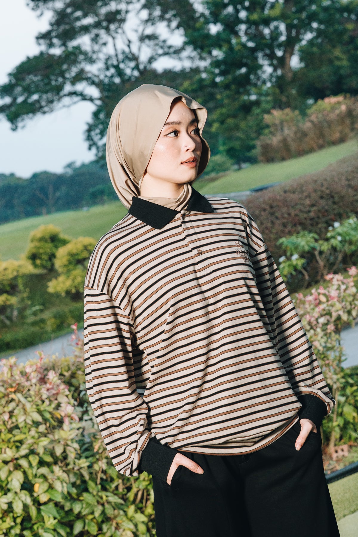 Coffee Stripe Polo Jumper in Tencel Ribbed