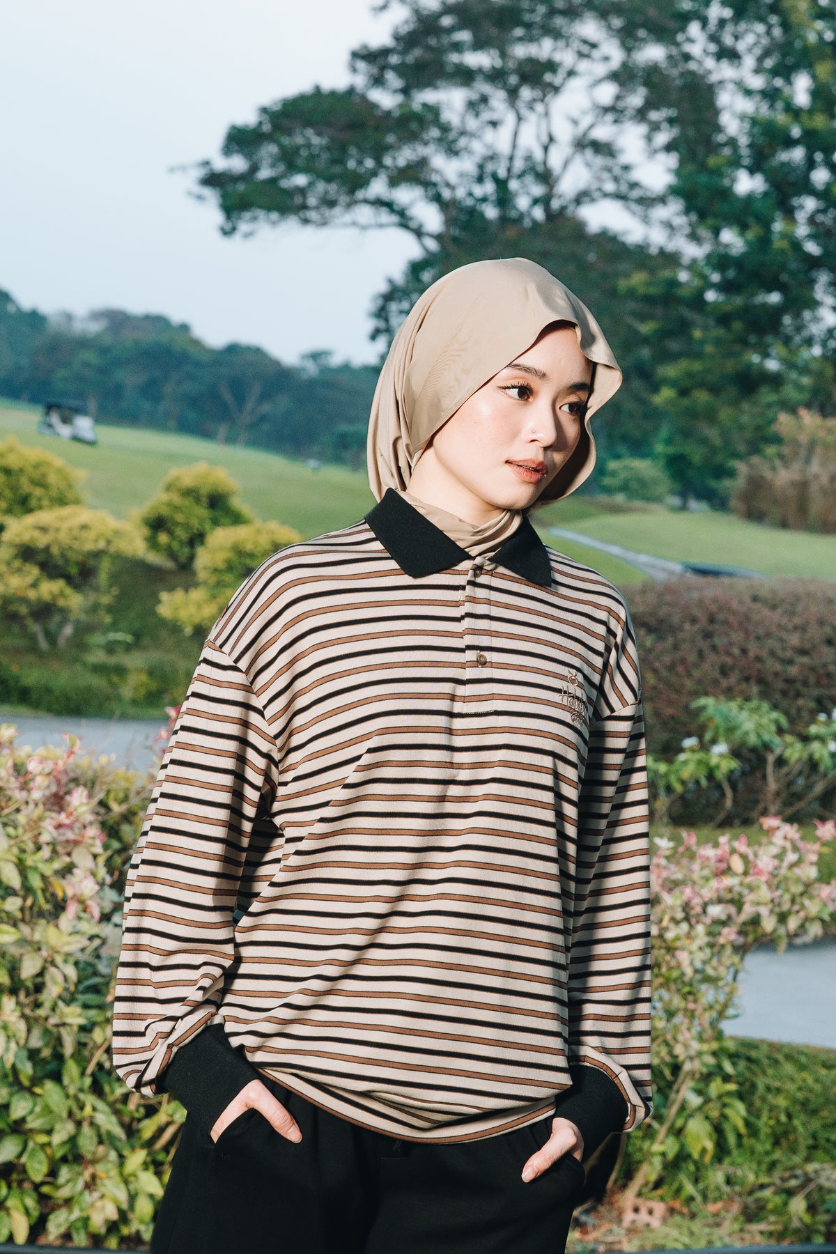 Coffee Stripe Polo Jumper in Tencel Ribbed