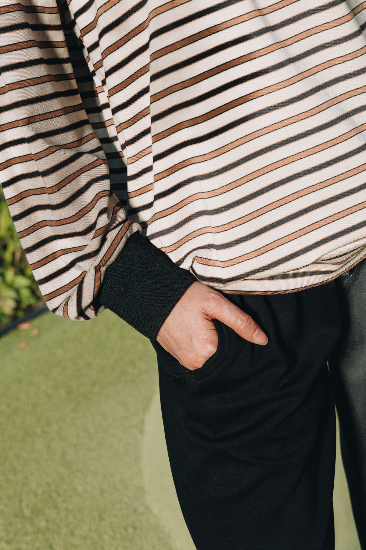 Coffee Stripe Polo Jumper in Tencel Ribbed