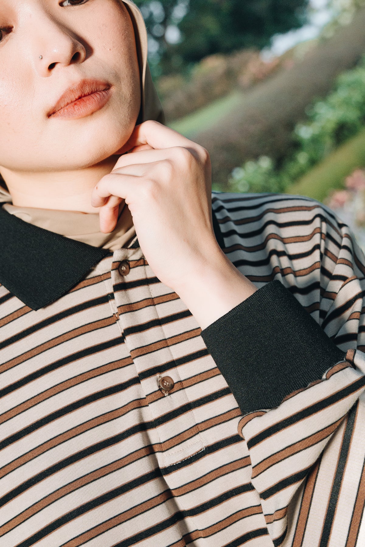 Coffee Stripe Polo Jumper in Tencel Ribbed