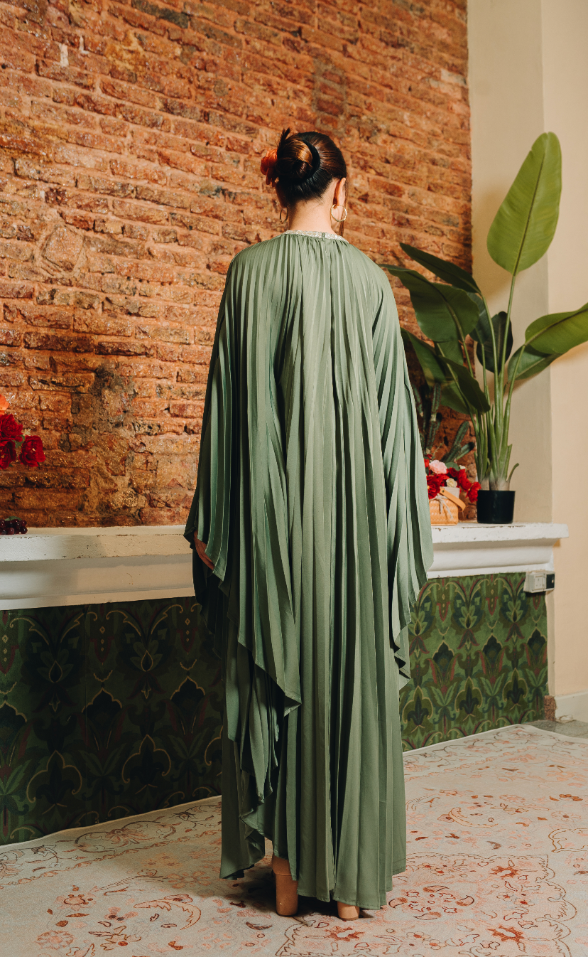 Valencia Pleated Kaftan in Deep Sage