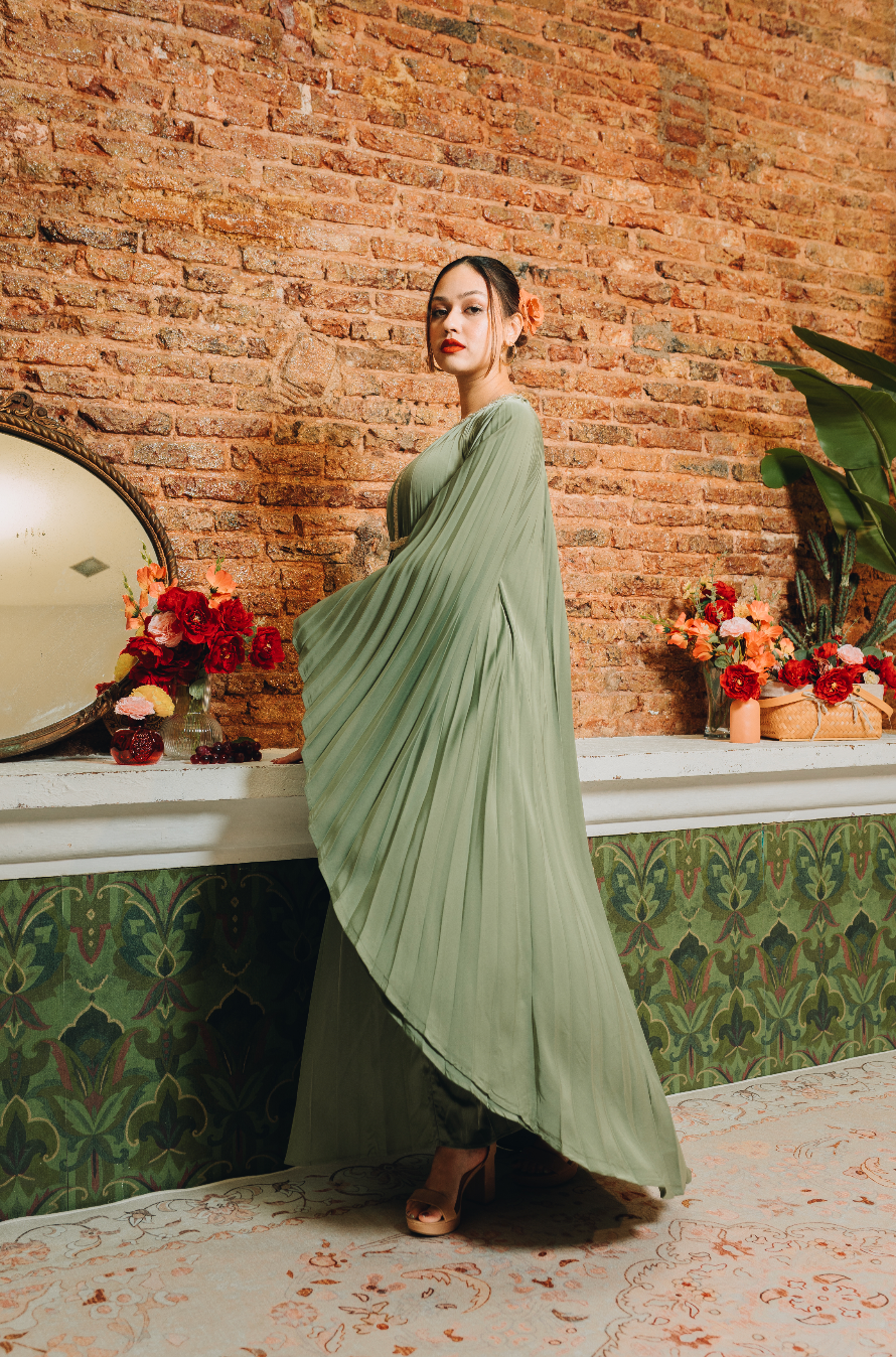 Valencia Pleated Kaftan in Deep Sage