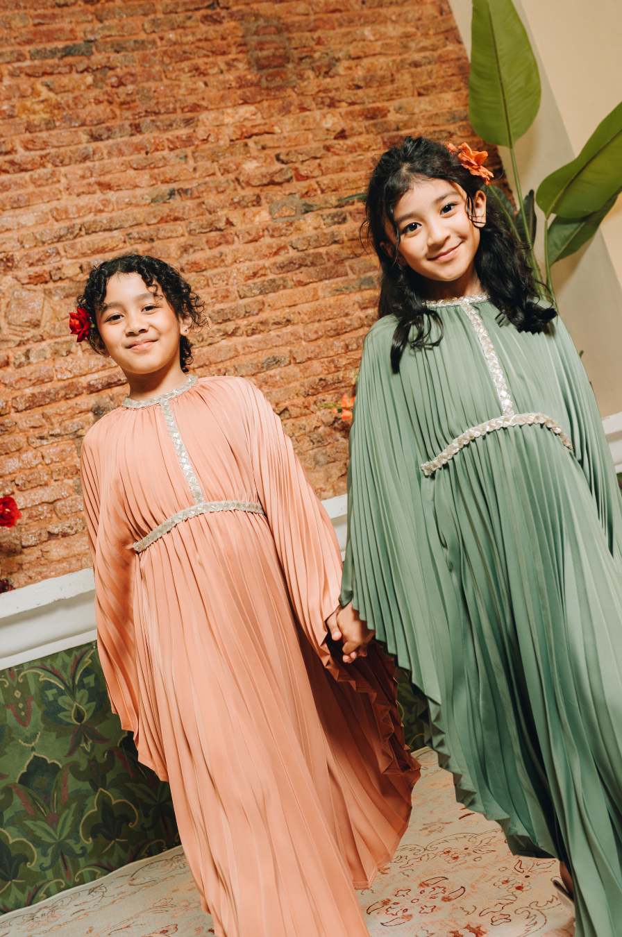 Valencia Kids Pleated Kaftan in Deep Sage