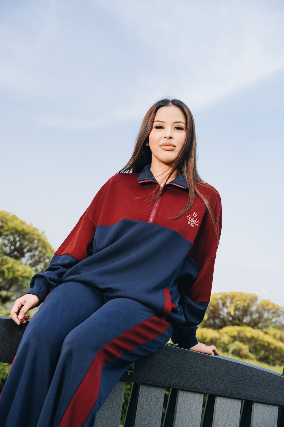 Maroon-Navy Dual Tone Quarter Zip Jacket in Modal