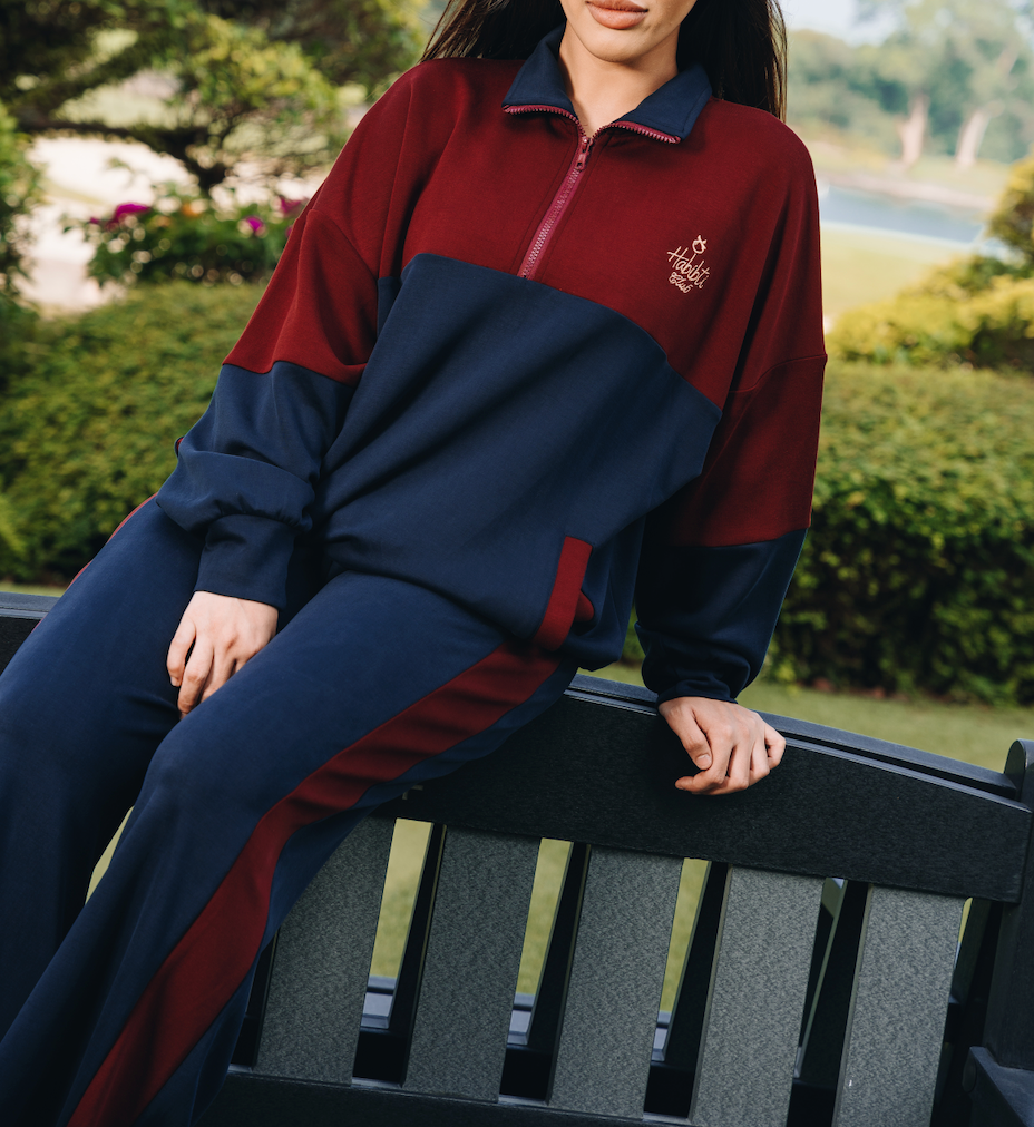Maroon-Navy Dual Tone Quarter Zip Jacket in Modal