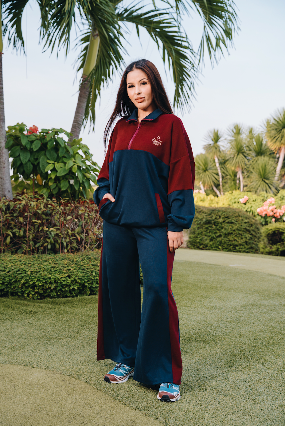Maroon-Navy Dual Tone Quarter Zip Jacket in Modal