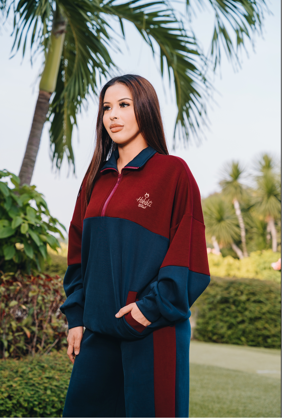 Maroon-Navy Dual Tone Quarter Zip Jacket in Modal