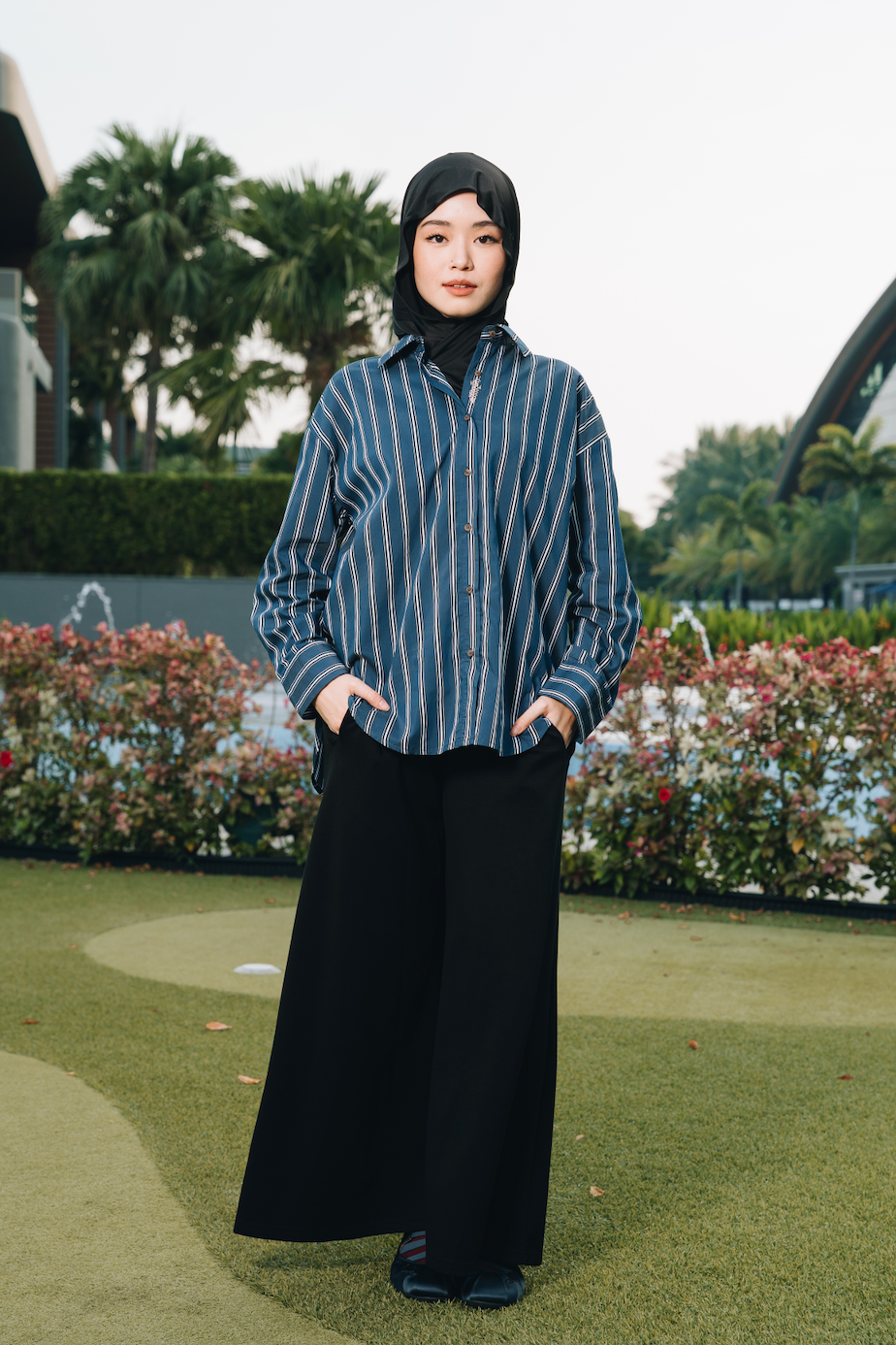 Navy Hidden Habibti Stripe Shirt in Cotton Tencel