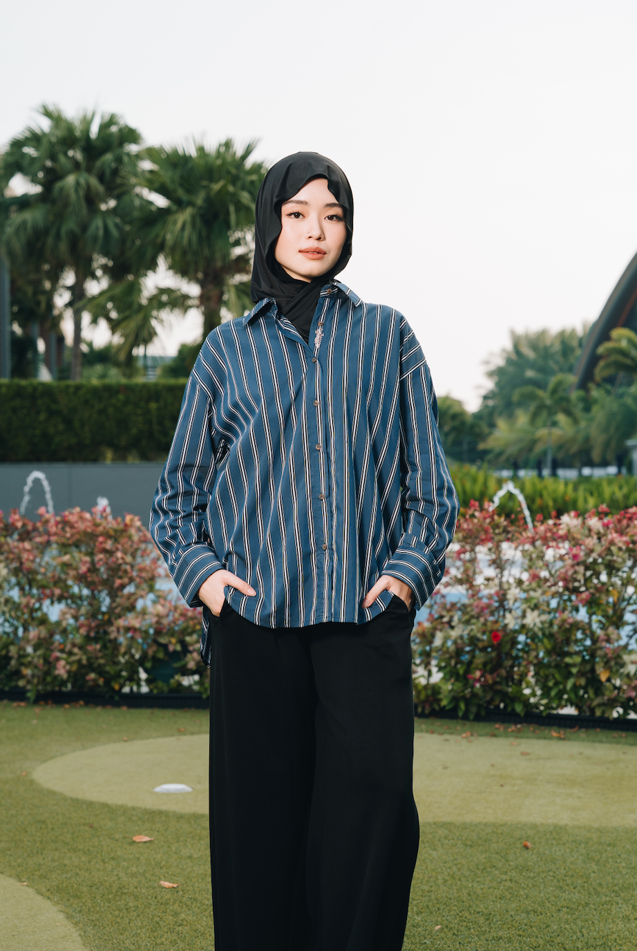 Navy Hidden Habibti Stripe Shirt in Cotton Tencel