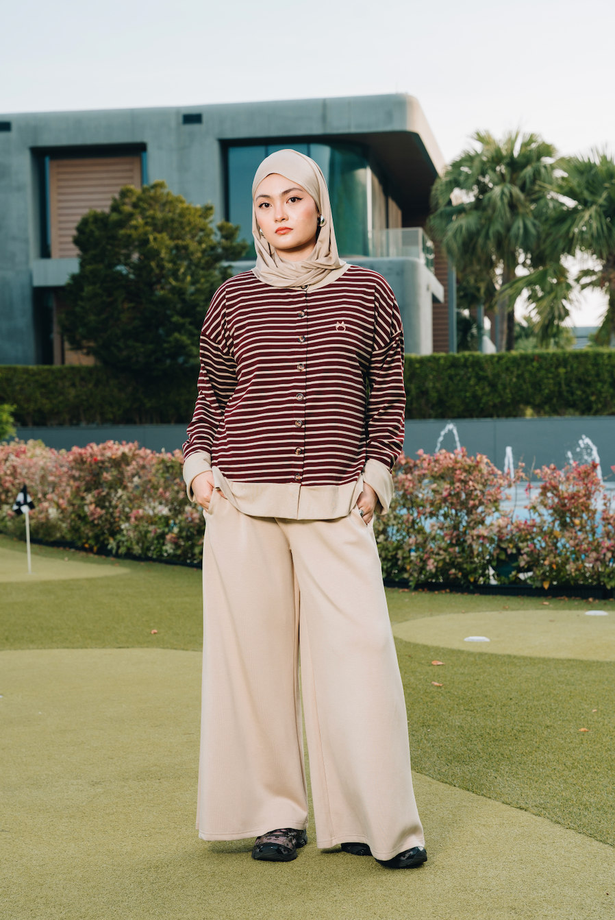 Maroon Relaxed Stripe Cardigan in Tencel Ribbed