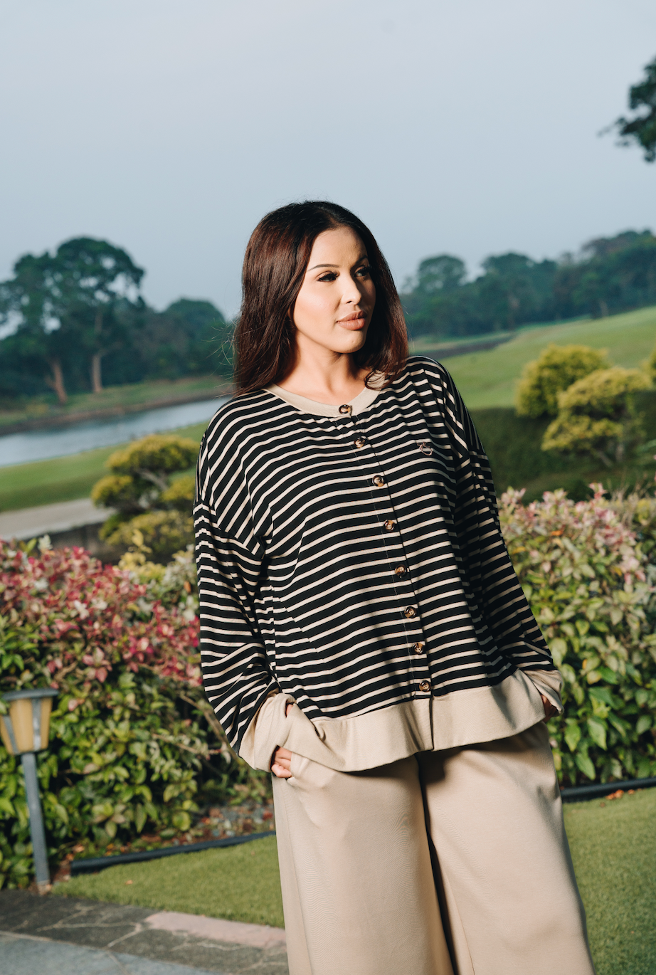 Black Relaxed Stripe Cardigan in Tencel Ribbed