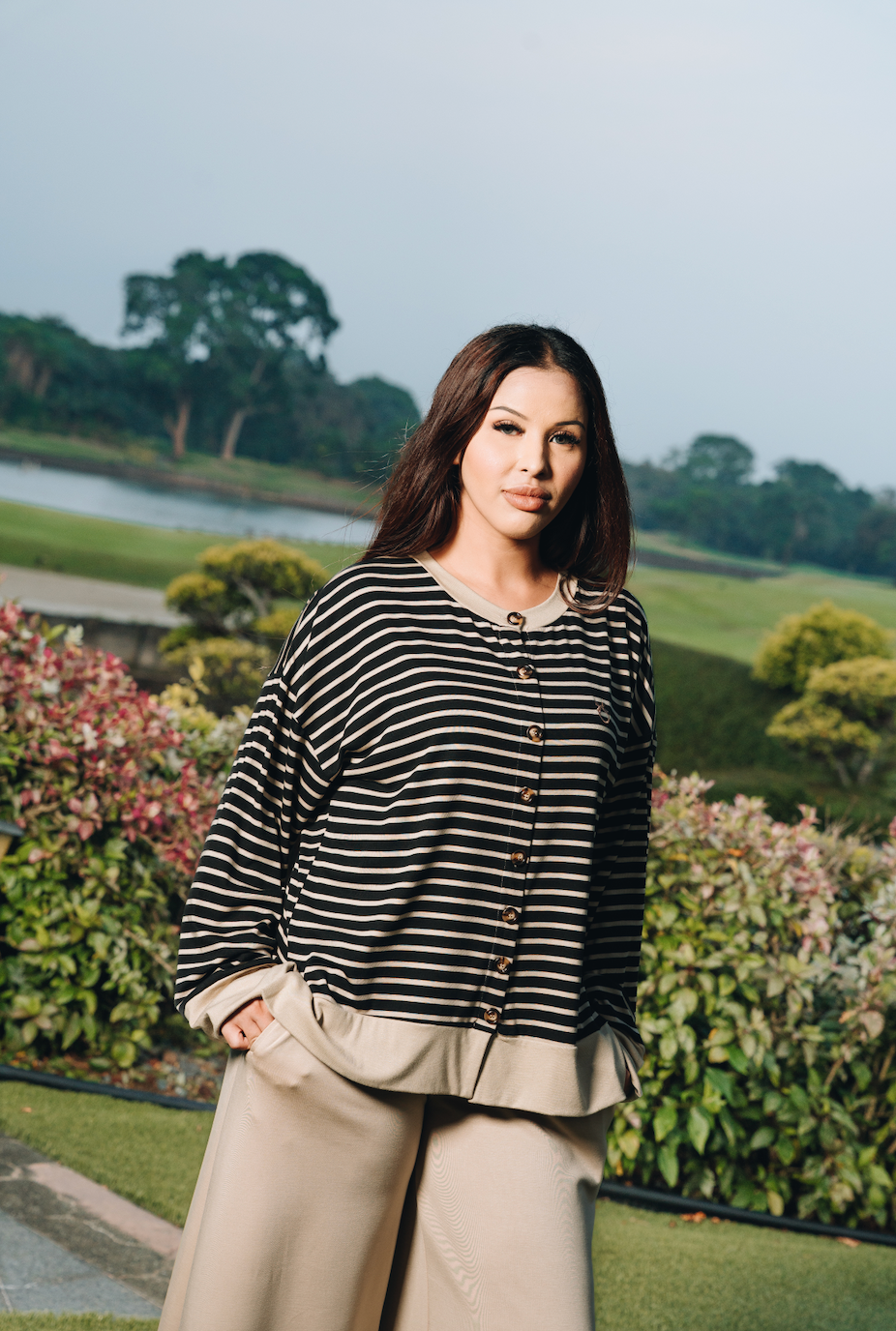 Black Relaxed Stripe Cardigan in Tencel Ribbed