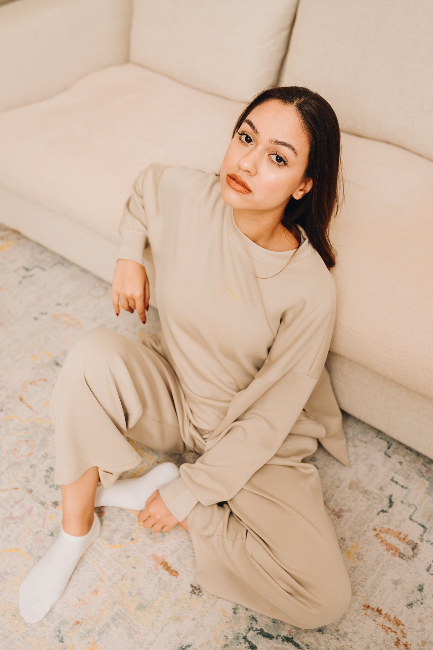Modal Habibti Sweater in Cream with Pink Embroidery