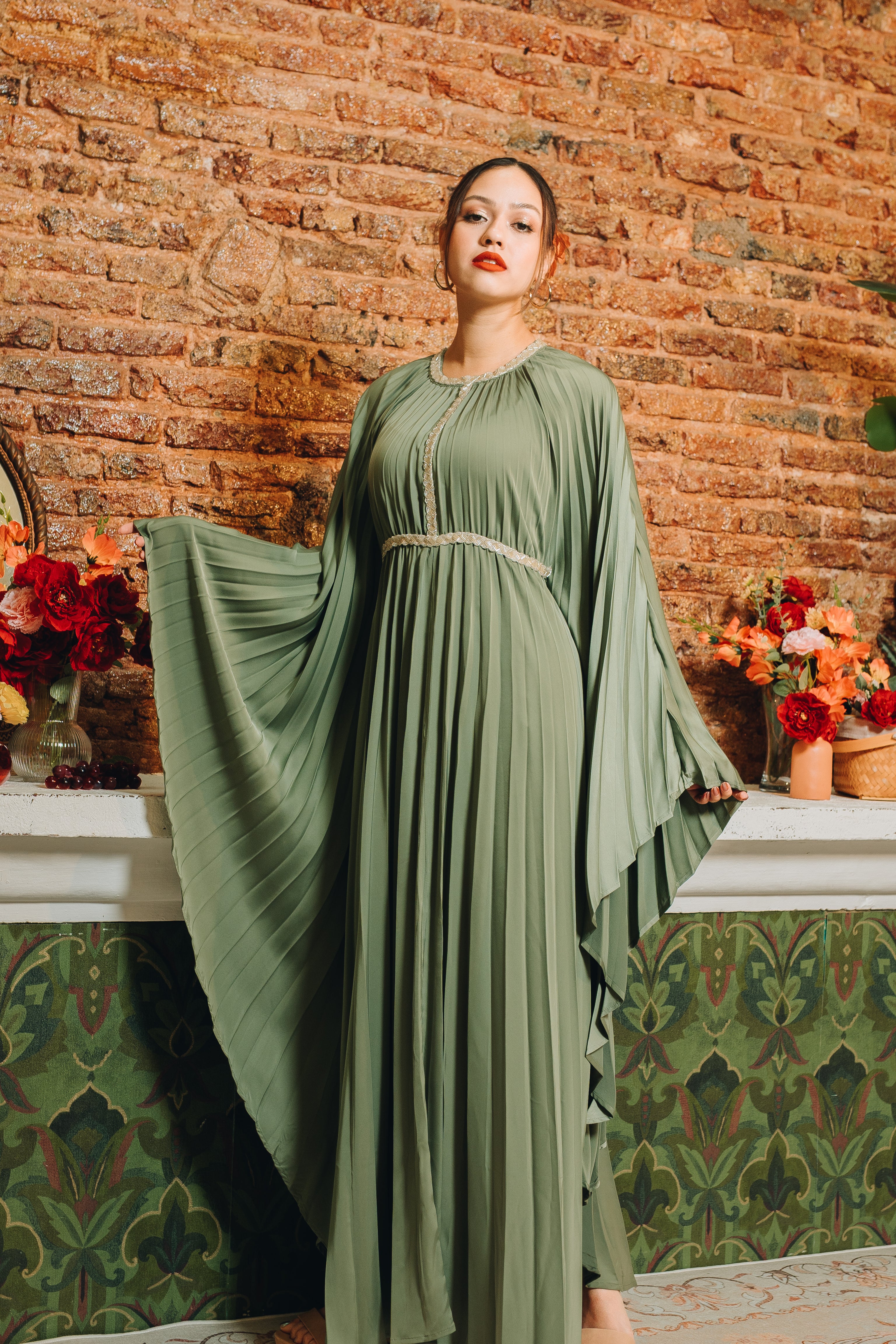 Valencia Pleated Kaftan in Deep Sage