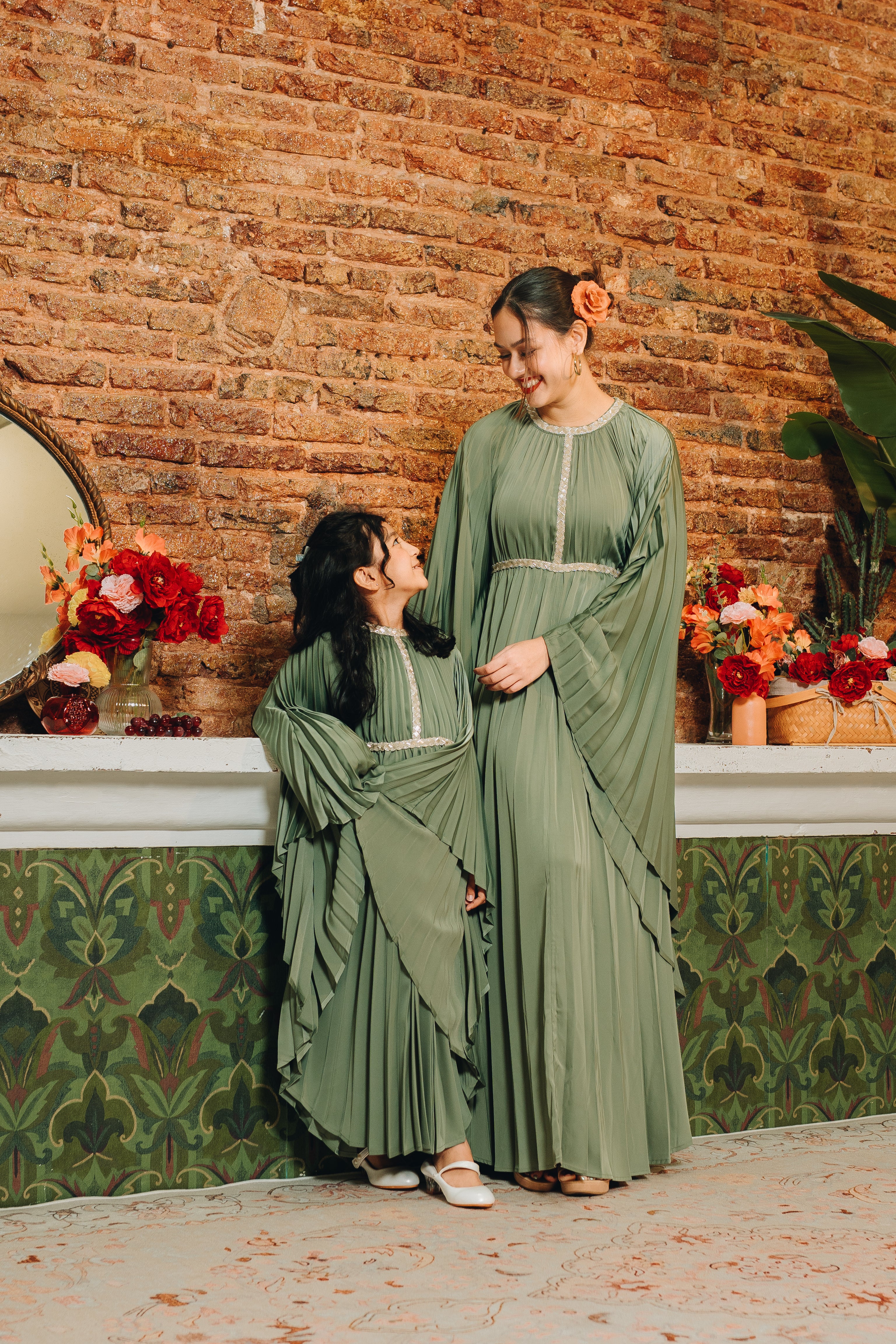 Valencia Kids Pleated Kaftan in Deep Sage