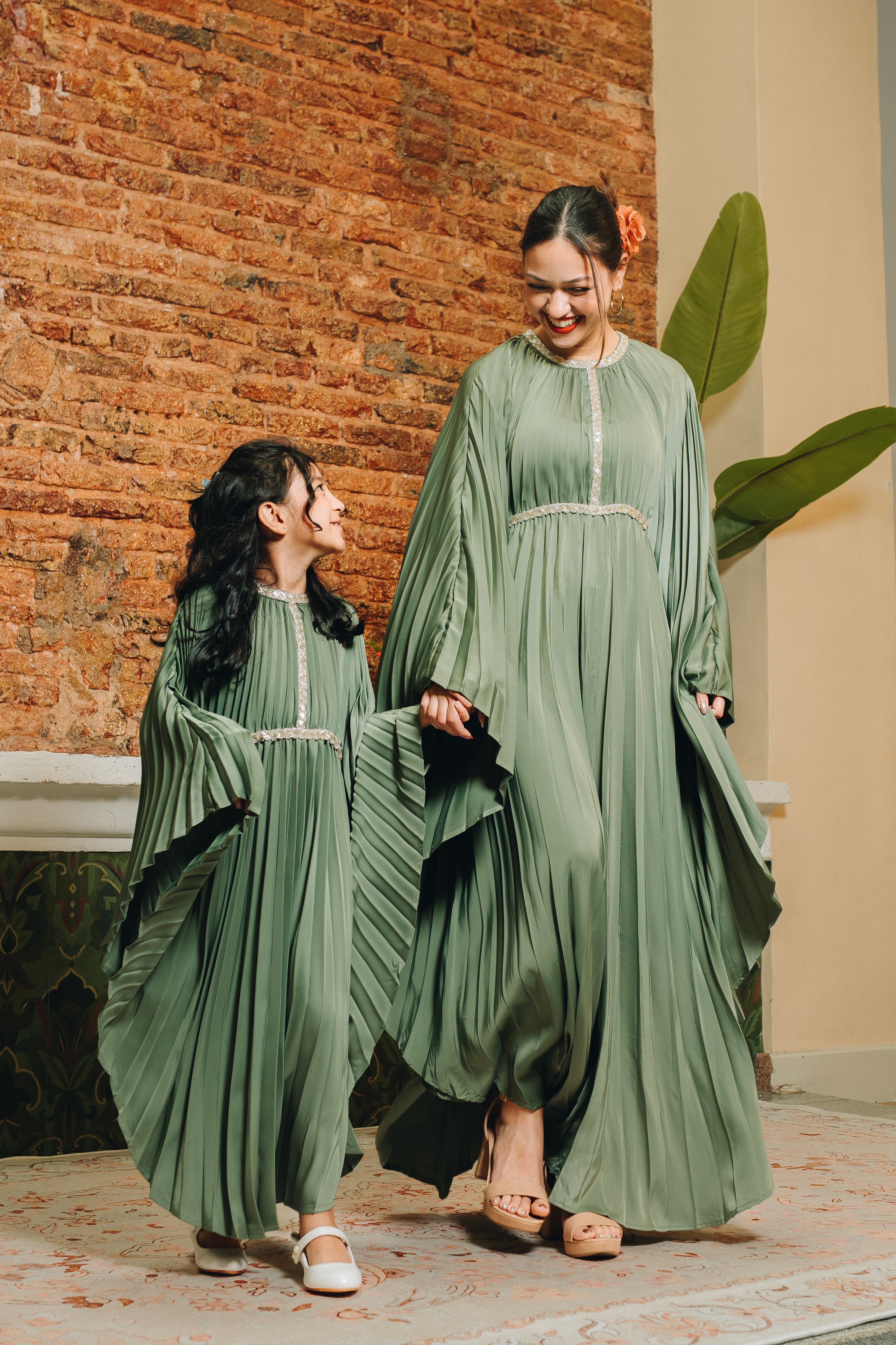 Valencia Kids Pleated Kaftan in Deep Sage