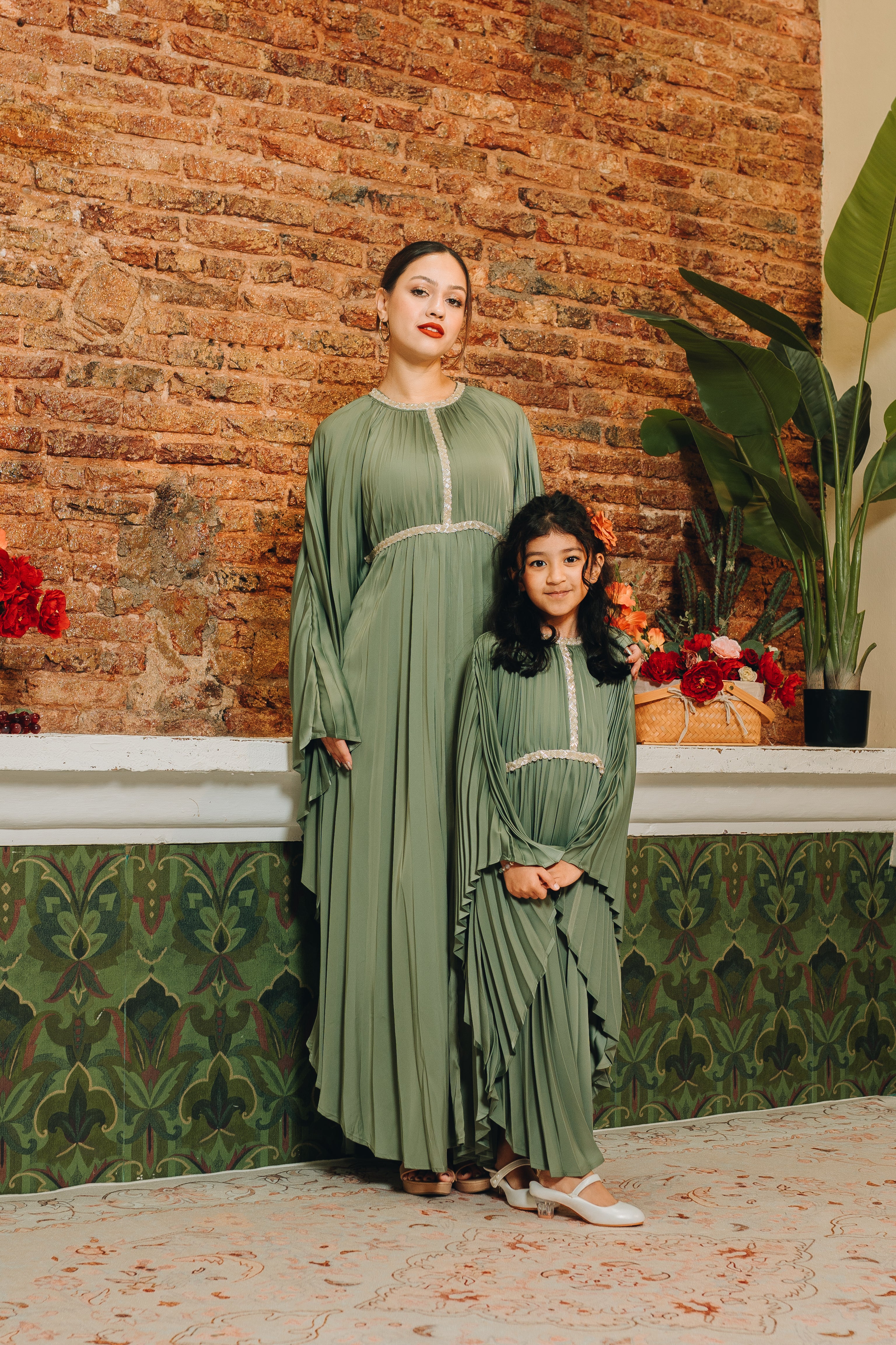 Valencia Kids Pleated Kaftan in Deep Sage