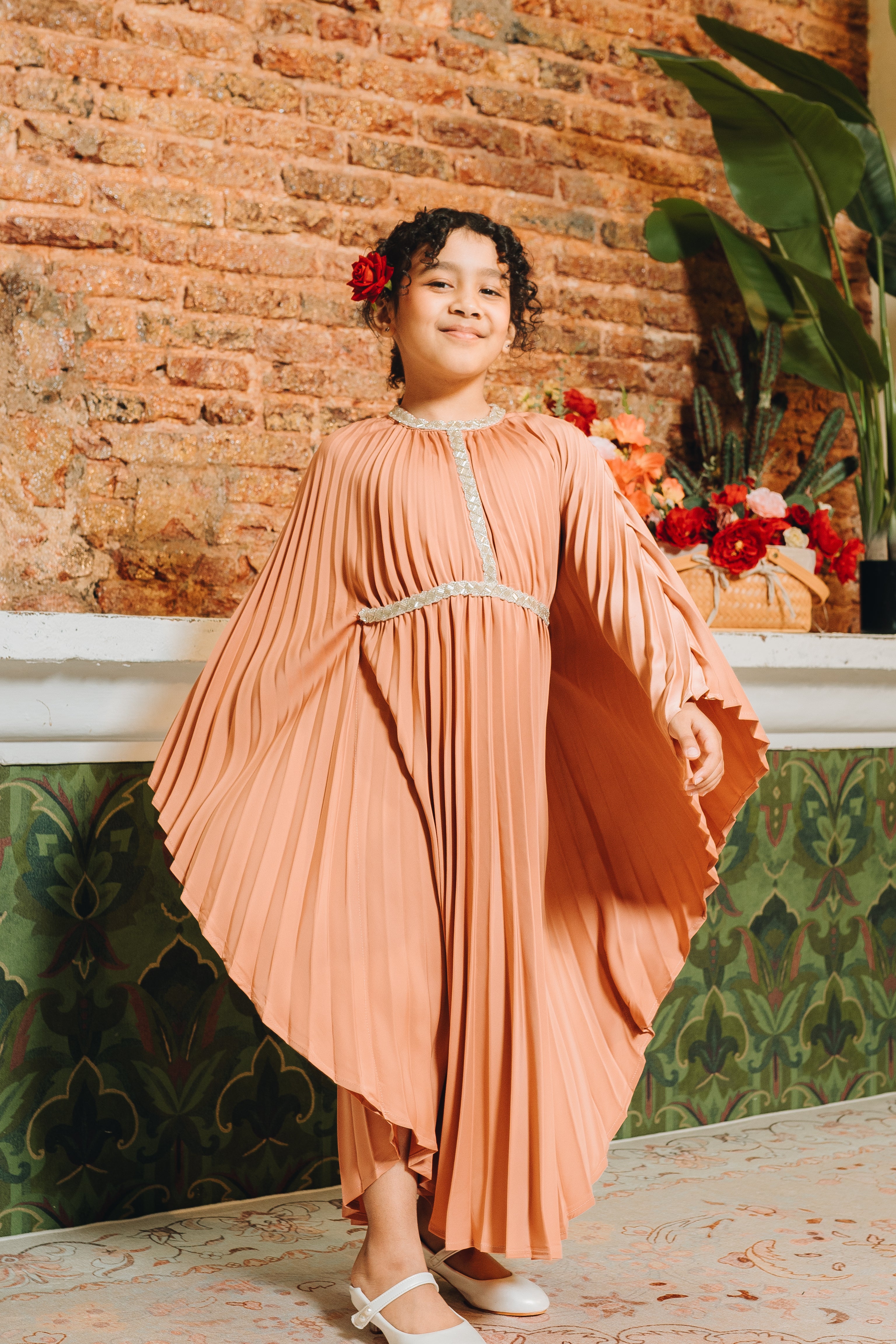 Valencia Kids Pleated Kaftan in Terracotta