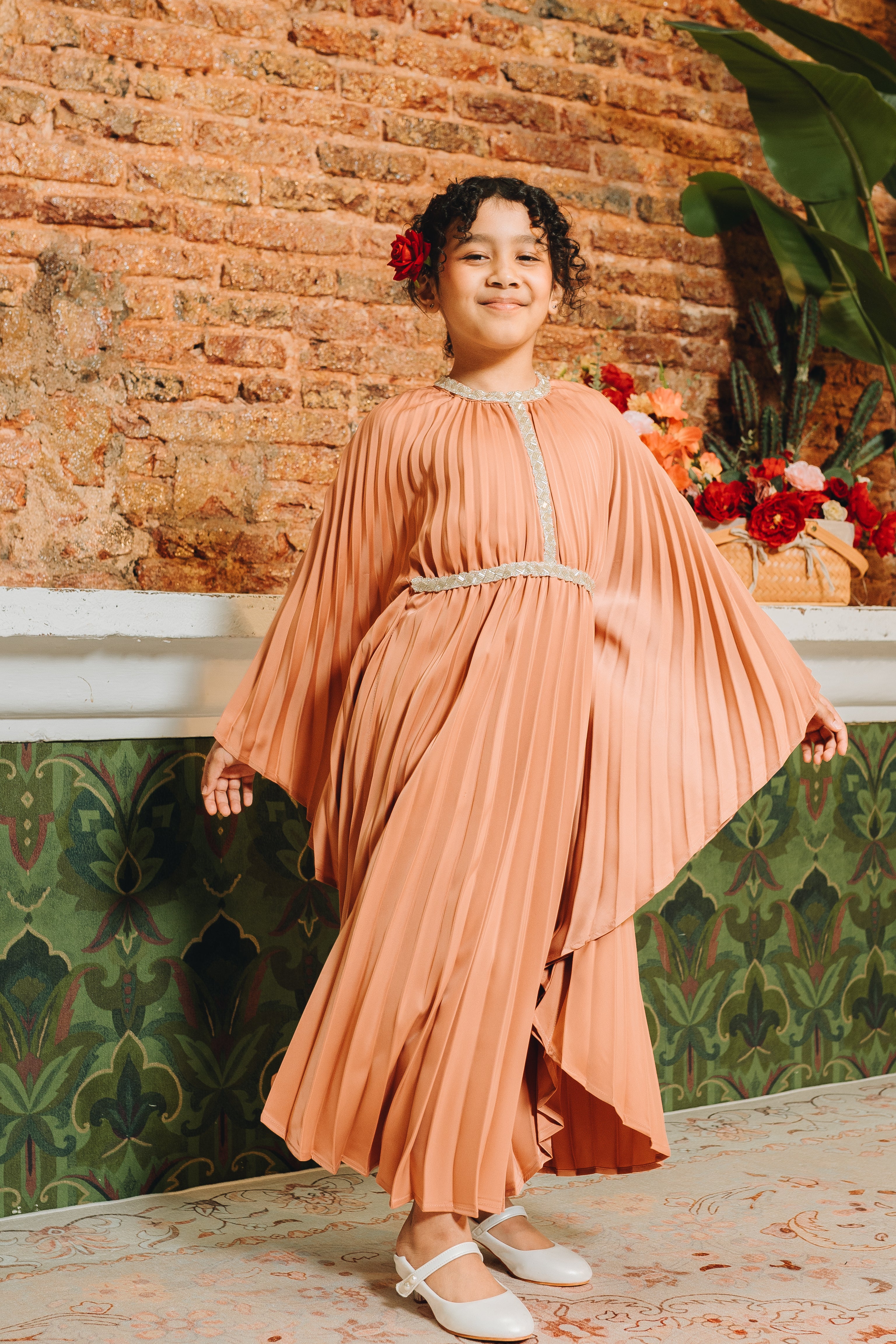 Valencia Kids Pleated Kaftan in Terracotta