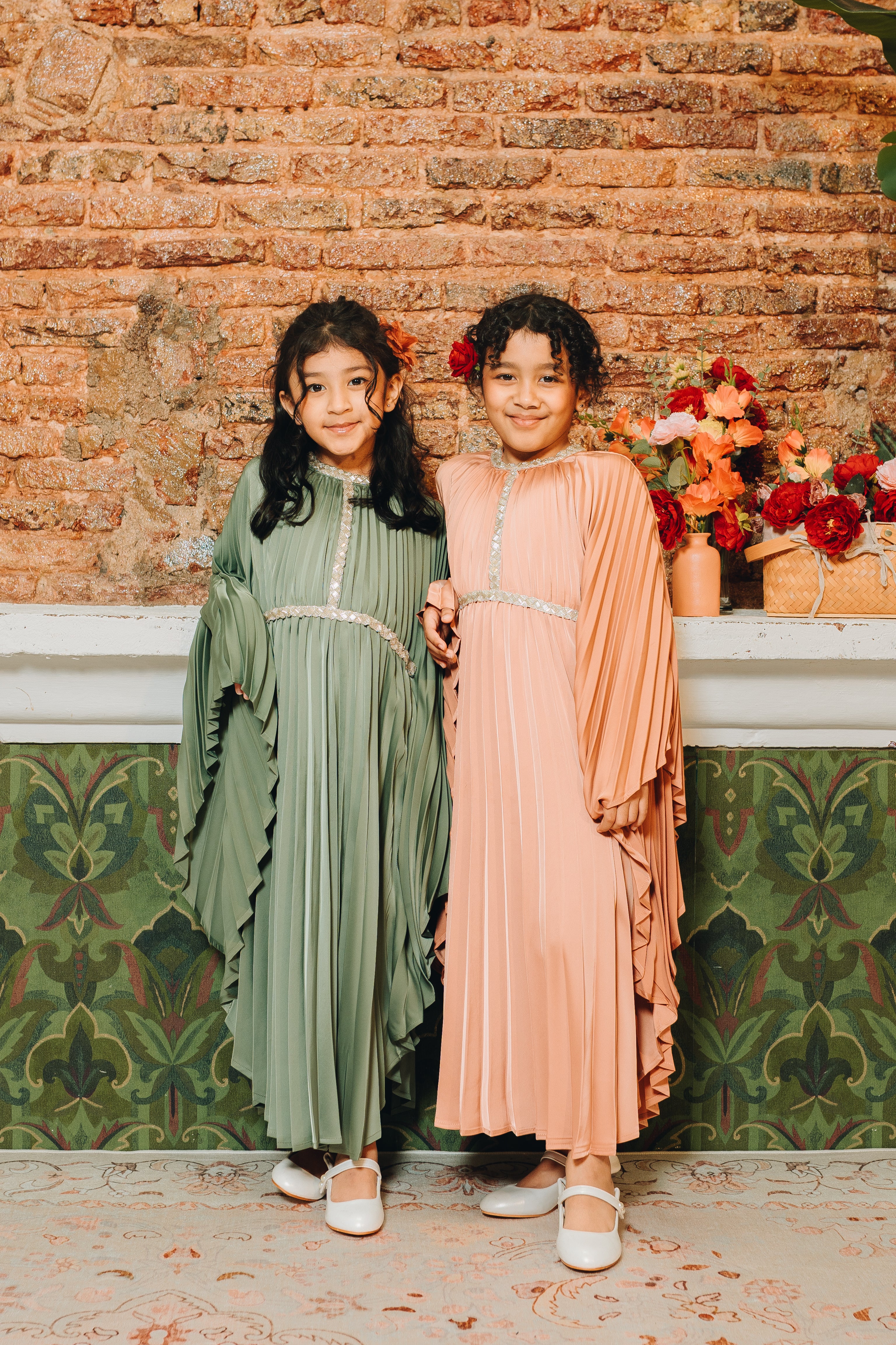 Valencia Kids Pleated Kaftan in Deep Sage
