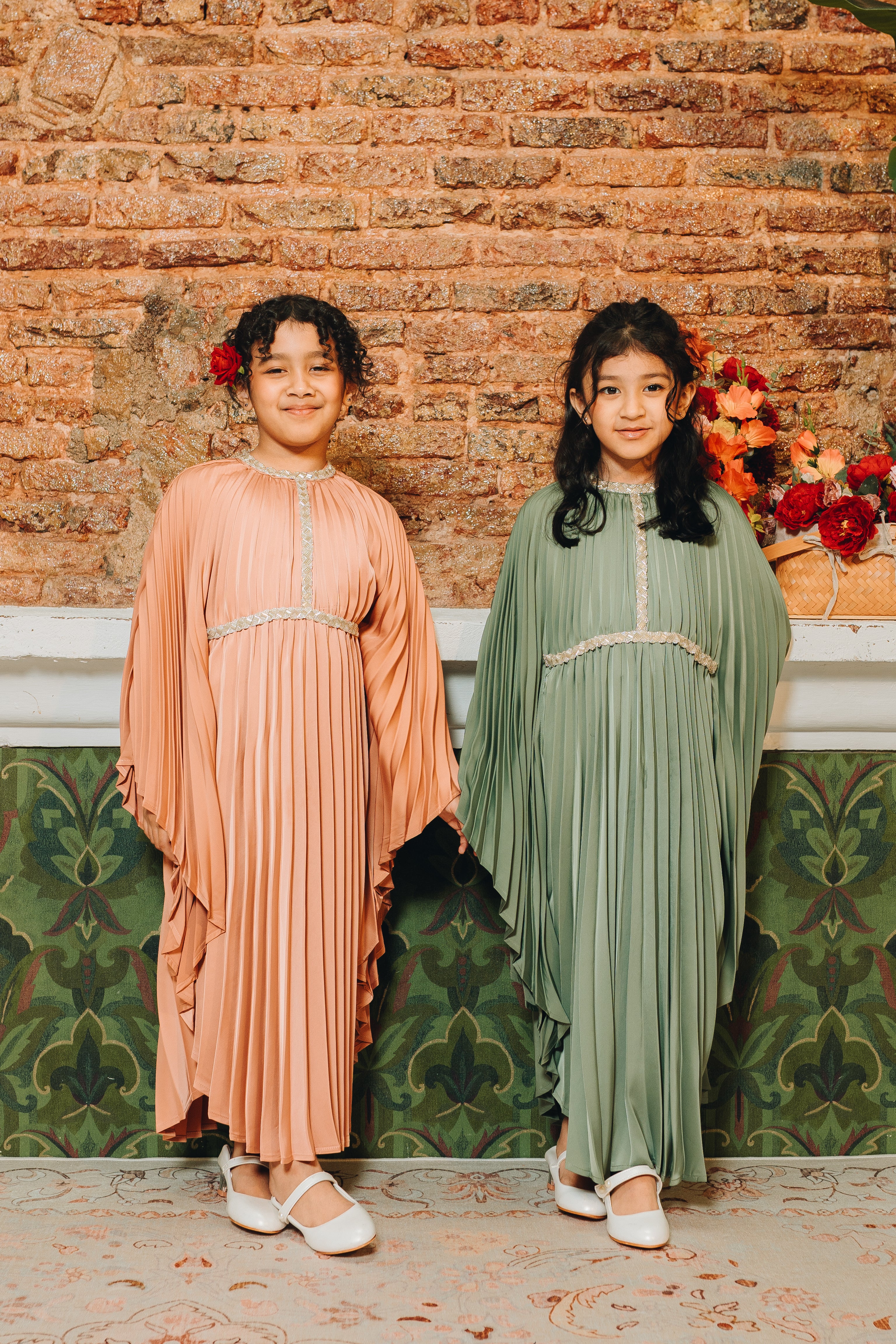 Valencia Kids Pleated Kaftan in Deep Sage