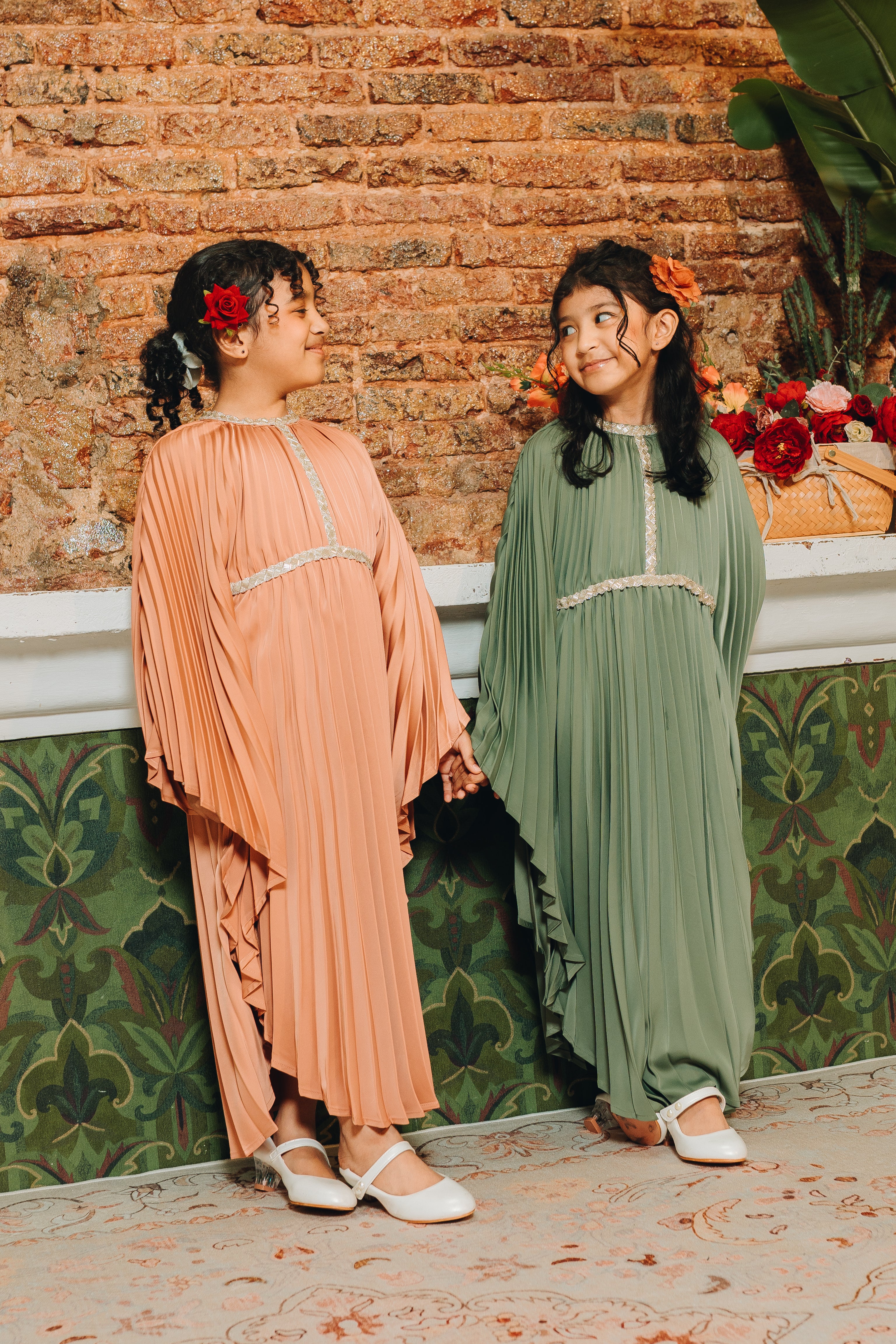 Valencia Kids Pleated Kaftan in Deep Sage