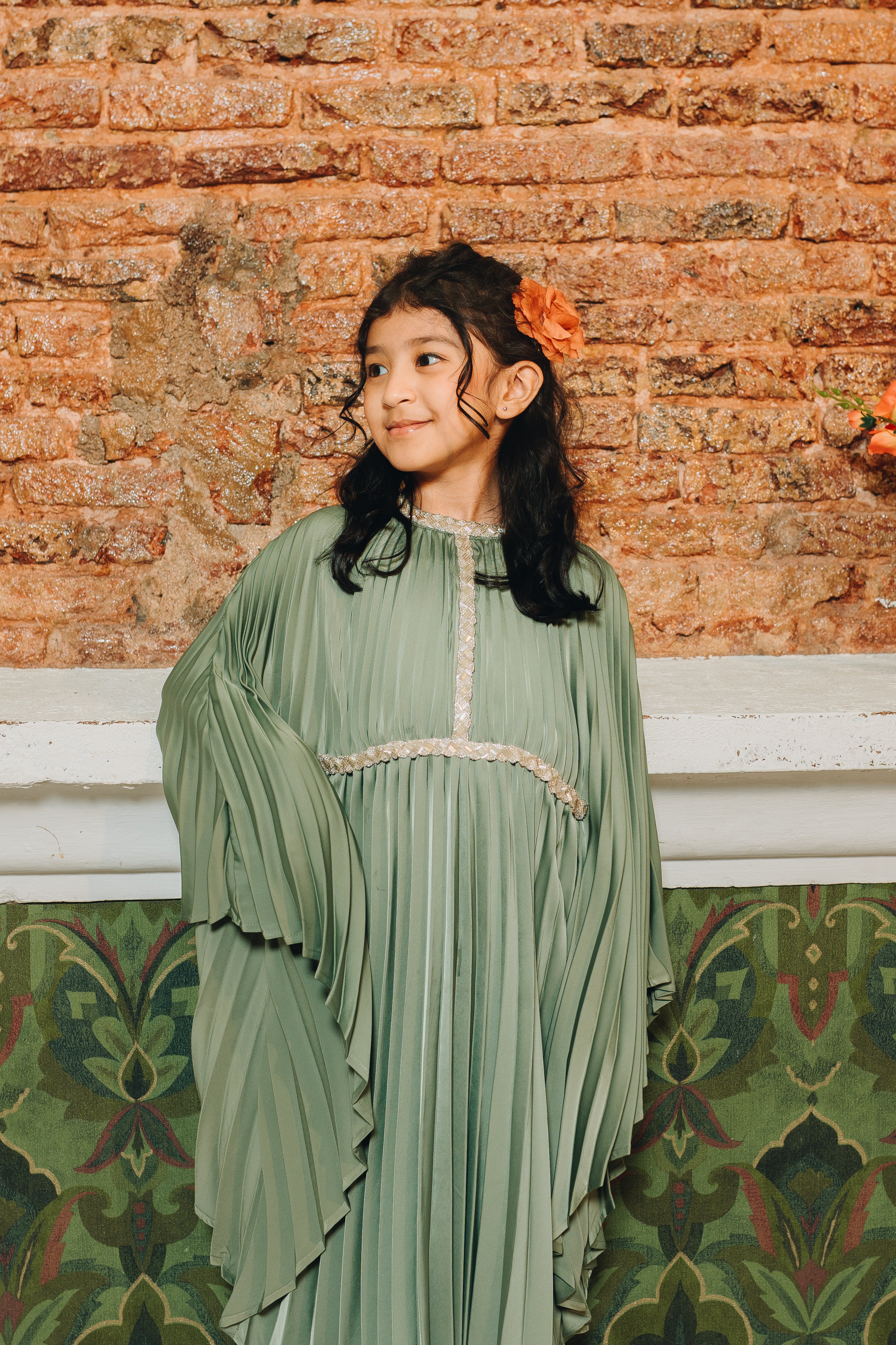 Valencia Kids Pleated Kaftan in Deep Sage